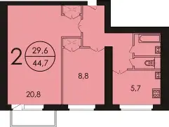 2-к · 44,4 м² · 4/9