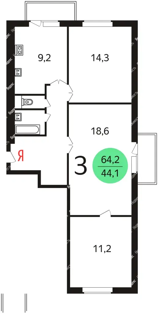 3-к · 64,6 м² · 5/12