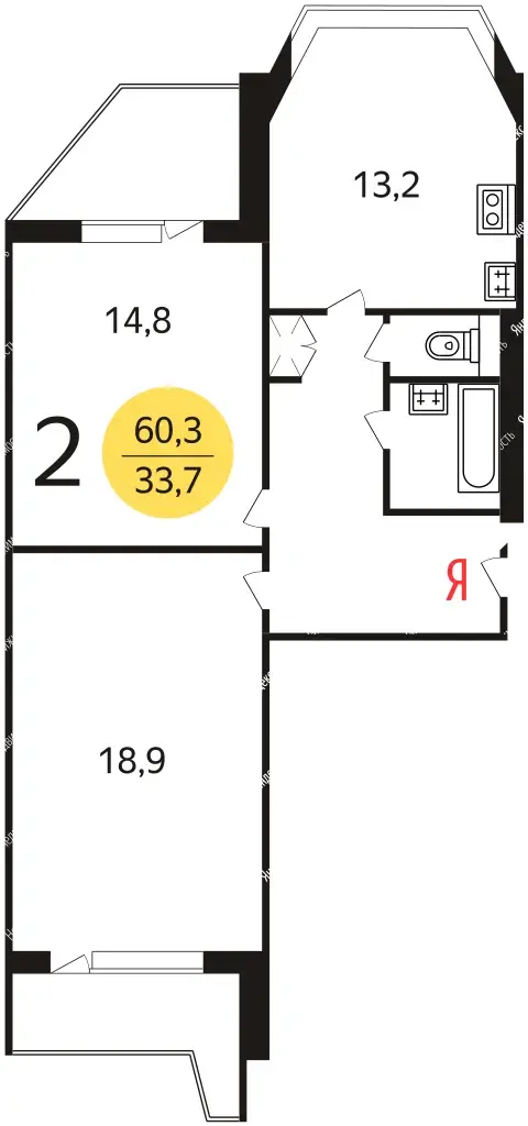 2-к · 59,9 м² · 3/14
