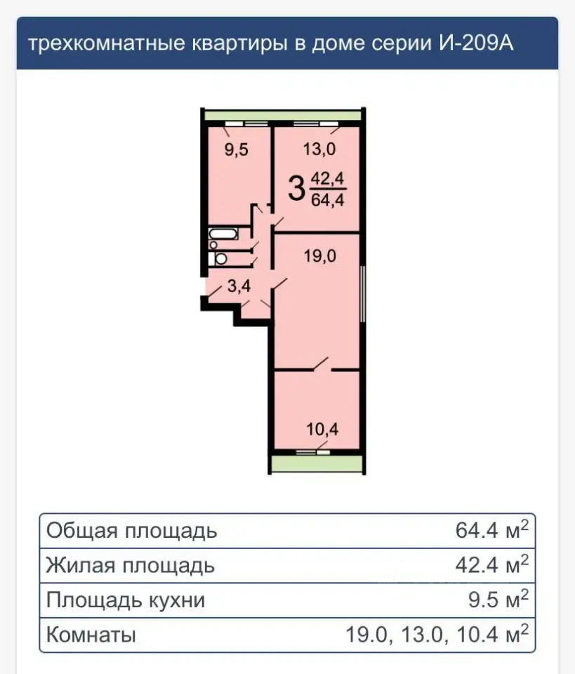 3-к · 64,4 м² · 6/14